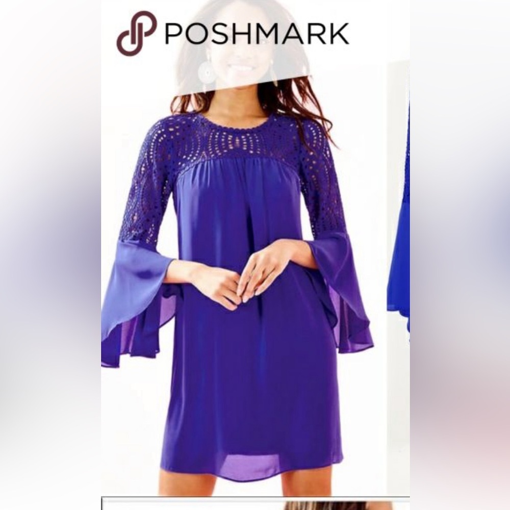 Lilly Pulitzer Amenna Blue Shift Dress Crochet Lace Flowy Bell Sleeves. Size 2